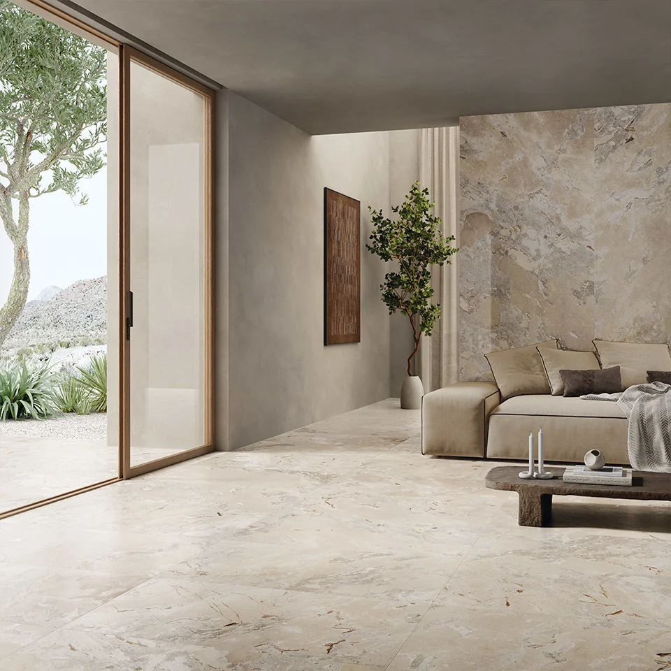 Włoskie gresy na podłodze w salonie Cerdomus Karnis Sand Matt 60x120