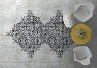 Gres hiszpański imitacja kamienia na podłogę - Absolut Keramika Mindanao. Podłoga salonu z kaflami MINDANAO - dekor i płytka bazowa,