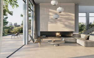 Gres imitacja kamienia beżowy salon Peronda CLUNY BEIGE AS/60X120X0,9/C/R