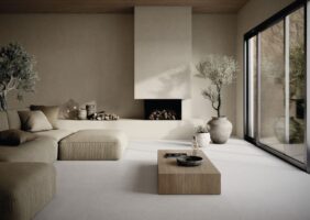 Płytka gres imitacja kamienia jasnoszara salon podłoga Cifre Borneo White 60x120