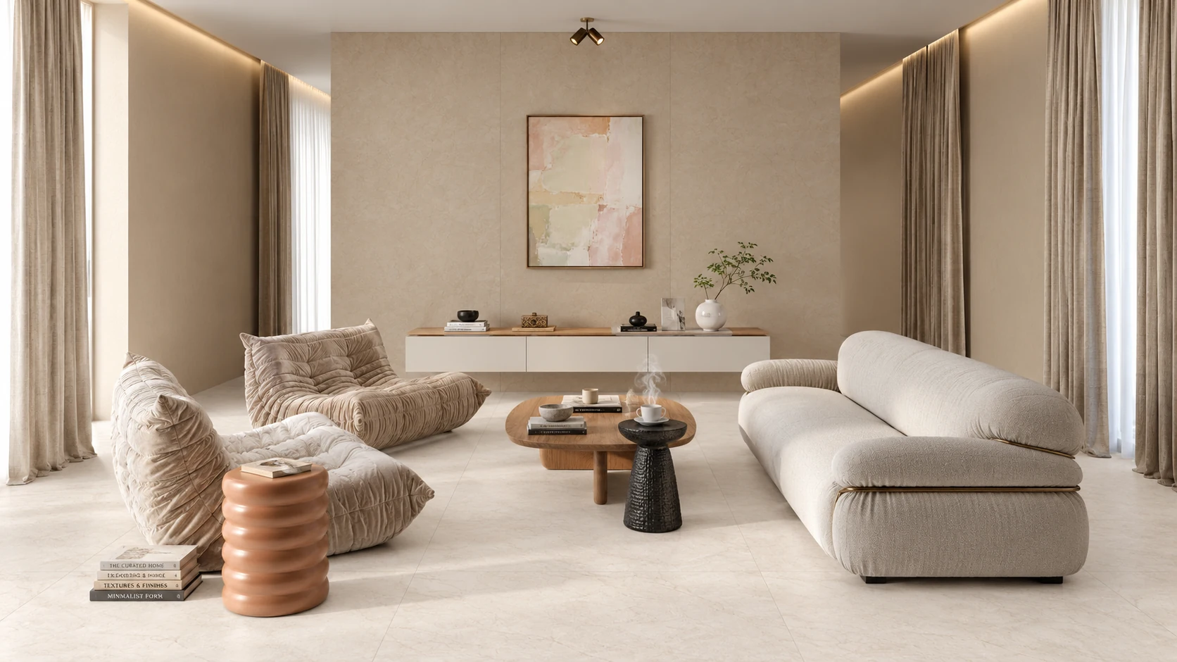 Płytka La Faenza Blanco White 120x120 BLANCO6 – kremowy gres jak kamień w salonie na podłodze.