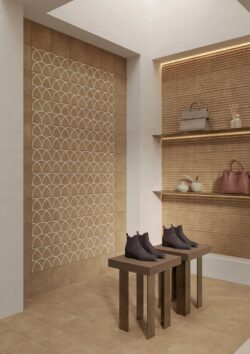 Płytki 3d do salonu - Marca Corona Terracreta RILIEVO CHAMOTTE 20x20 cm. Salon z płytkami na ścianie w kolorze brązowym.