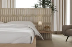 Płytki ceglane szarobeżowe dekoracyjne w sypialni - Marca Corona J420 Fornace Formella Argilla Naturale 6x24 cm