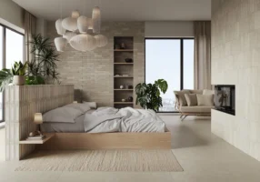 Płytki ceglane szarobeżowe ściana sypialnia kominek Marca Corona Miniature Fornace Argilla Naturale J409