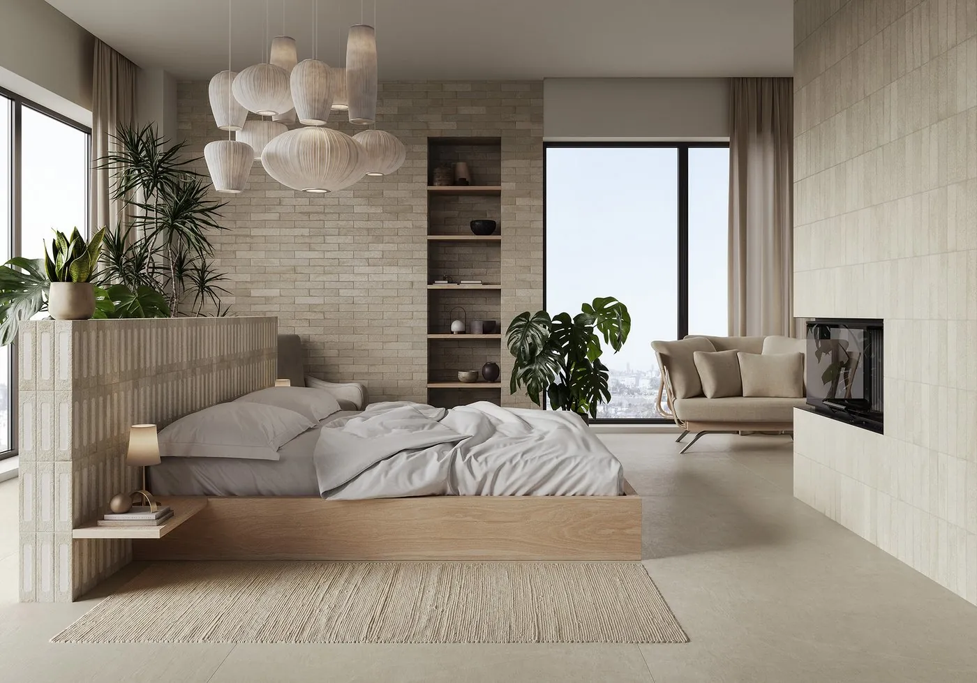 Płytki ceglane szarobeżowe ściana sypialnia kominek Marca Corona Miniature Fornace Argilla Naturale J409