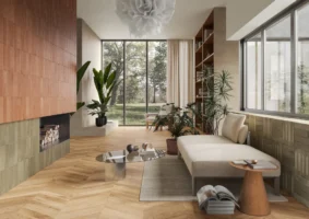 Płytki ceglane szarozielone dekor salon Marca Corona Miniature Fornace Formella Verde Muschio 6x24cm J423