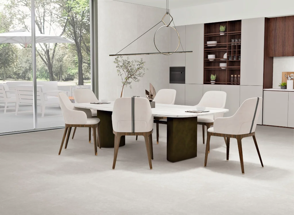 Płytki imitacja betonu podłogowe 120x60 AB Neocem Pearl Rectificado. Jasne kafelki w salonie na podłodze.