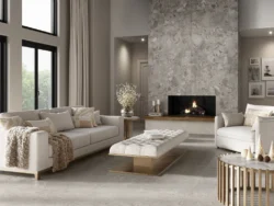 Płytki imitujące kamień w salonie na kominku - Vitacer Dozza Stone Greige 60x120cm