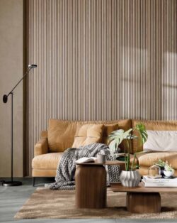 Płytki imitujące lamele na ścianie w salonie - Rondine Canne 3D Ecru Black 60x120