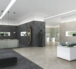 Płytki kamieniopodobne na ścianie z włoskiej kolekcji LA FABBRICA Storm salt w salonie sklepowym.