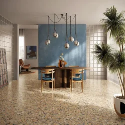 Płytki lastryko, beżowe, matowe w salonie - Cerdomus Neoclassica Ambra 60x120 Brushed. Kolorowe kamyczki lastryko.