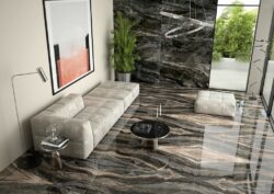 Płytki marmurowe do salonu - Peronda Museum OROBICO DARK/60X120/EP. Salon z ciemnymi płytkami imitującymi marmur na podłodze i ścianie