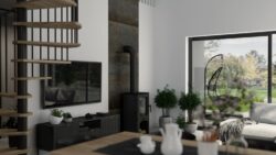 Płytki metalizowane w salonie - CIFRE Metal iron 60×120 cm. Kafle gresowe za kominkiem.