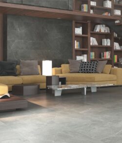 Płytki podłogowe do salonu, imitujące szary kamień z białymi żyłkami - COLORKER Madison argent