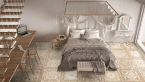 Płytki podłogowe, patchwork - Absolut Keramika Creta 60x60 cm. Kafelki patchworkowe na podłodze w sypialni.
