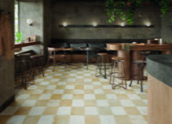 Płytki podłogowe szachownica - Peronda FS Checker sand 45x45 cm. Kwadratowe płytki w biało - beżową szachownicę ze sladami użytkowania.