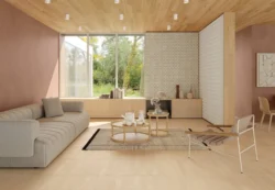 Płytki w salonie ciepły piaskowy beż Marca Corona Longarine Calcecreta Bisque 7,5x60