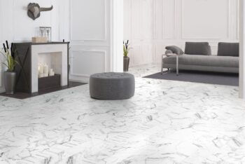 Podłogi marmurowe w salonie - Absolut Keramika Marshall Calacata 15X90 cm. Salon z białymi kafelkami na podłodze, imitującymi marmur.