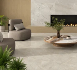 STN Miller Beige 120x120 mat - Beżowa płytka jak kamień w salonie na podłodze.