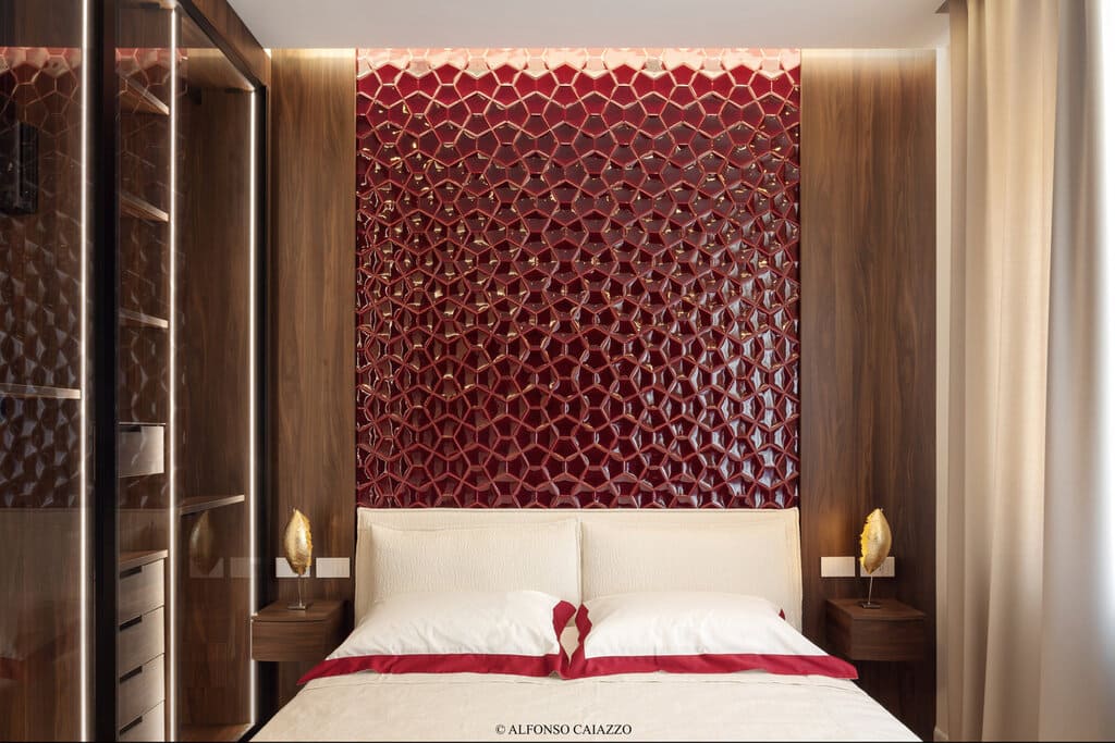 Sypialnia bordowe płytki Acquario Due PAPILLON Lucida A26 13x20 Bordeaux. Płytki premium, rzemieślnicze.