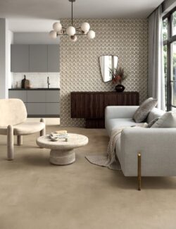 Szare płytki dekor salon aranżacja Marca Corona Terracreta Forma Vitrea Argilla 20x20cm J079