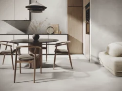 Szare płytki gersowe imitujące beton w salonie AB Estudio Grey 60x120. Gładkie antypoślizgowe płytki matowe na podłogę i ścianę.