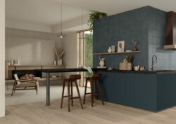 Szare płytki w salonie na ścianie - Marca Corona Terracreta Forma Argilla 20x20 cm