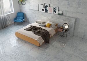 Płytka ścienna dekoracyjna - Absolut Keramika Memphis Lappato 60x60. Sypialnia z płytkami dekoracyjnymi Memphis i płytką bazową Troya na podłodze i ścianie.