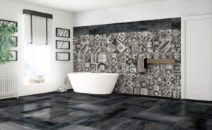 Płytki gresowe antracyt - Absolut Keramika Baffin Antracita Lappato 60x60 cm. Płytki łazienkowe w kolorze antracytu na podłodze, powierzchnia lappato, imitujące beton.