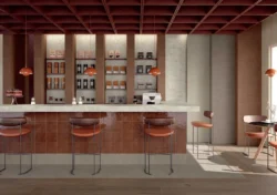 Płytki brąz terakotowy 20x20cm, błyszczące, kamieniopodobne na ścianie Marca Corona Terrasale ROSSO LACCA 20x20 K257