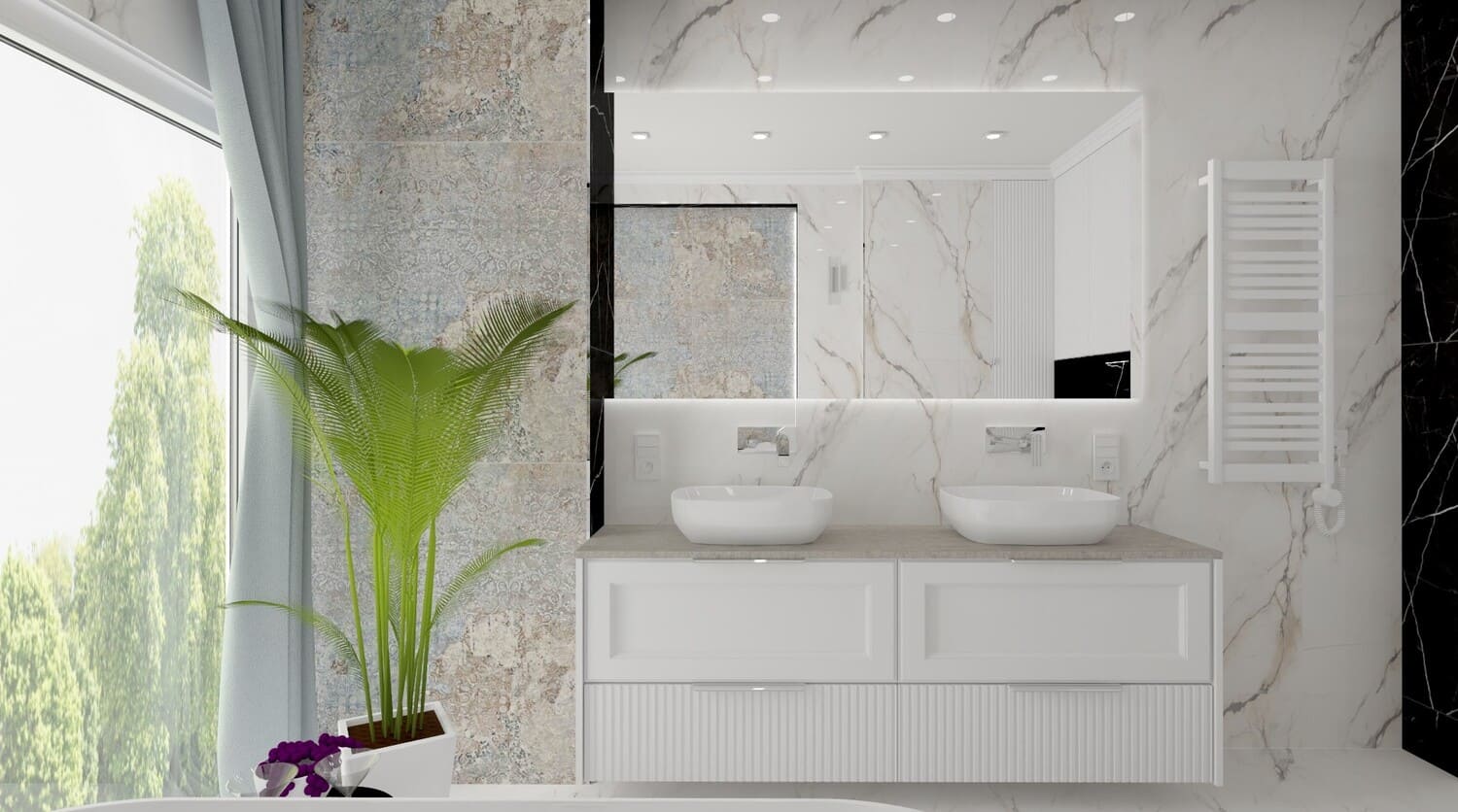 Biała łazienka - marmur, dekor - wizualizacja. Płyki biały marmur na podłodze i ścianie oraz dekor ceramiczny, patchworkowy.