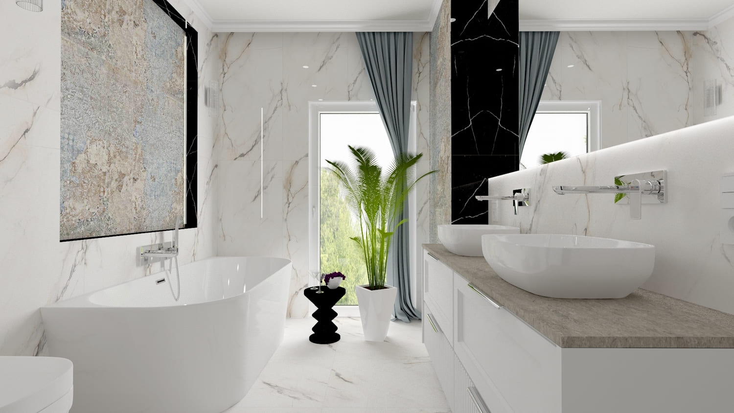 Biała łazienka marmur - wizualizacja. Pomysł na łazienkę marmurową, białą z elementem dekoracyjnym w postaci płytki patchwork na ścianie nad białą wanną oraz czarną wstawką z płytek marmurowych.