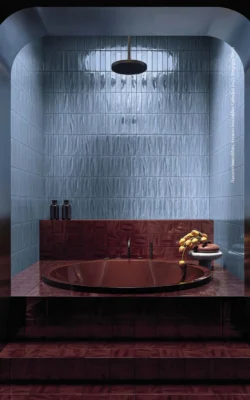 Bordowe płytki łazienkowe 3d - Cerasarda Porto Rotondo Borgogna 15x15 cm. Kafelki w intensywnym odcieniu burgundu.