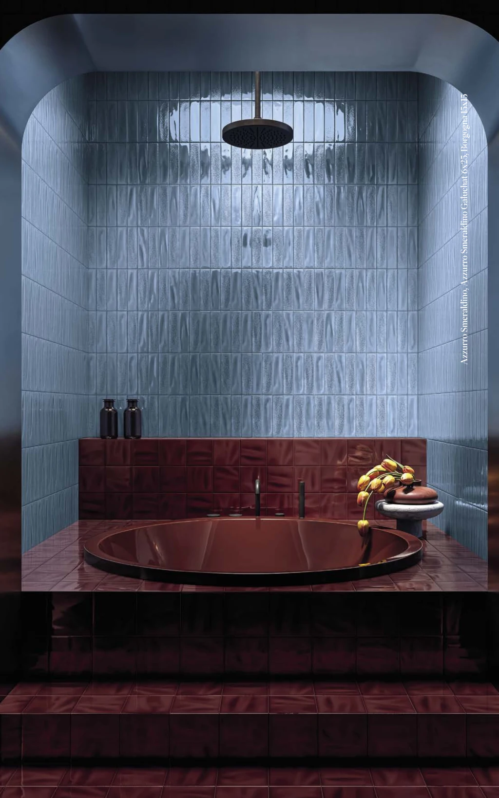 Bordowe płytki łazienkowe 3d - Cerasarda Porto Rotondo Borgogna 15x15 cm. Kafelki w intensywnym odcieniu burgundu.