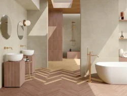 Długie cegiełki jasny brąz w łązience na podłodze i ścianie - MARCA CORONA Longarine Calcecreta Terracotta 7,5x60cm J848