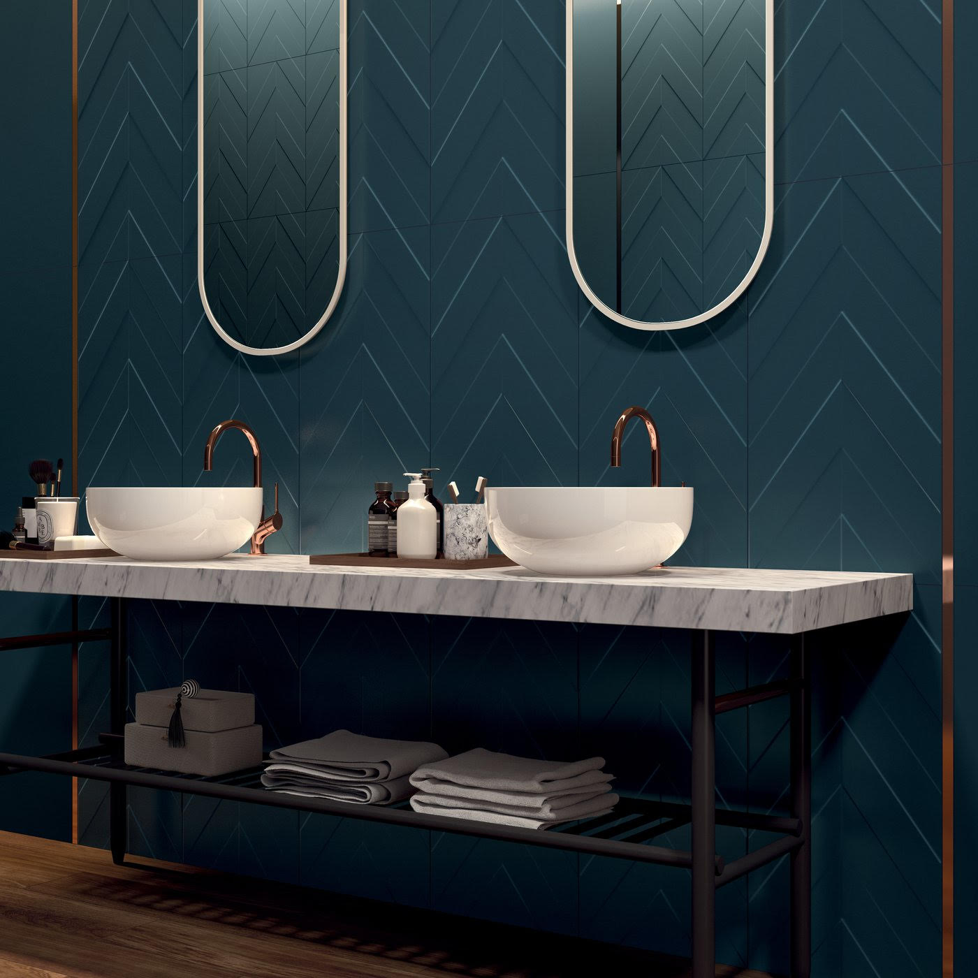 Glazura do łazienki - Marca Corona 4d Deep Blue 40x80 cm. Włoskie płytki łazienkowe w kolorze ciemnoniebieskim na ścianie.