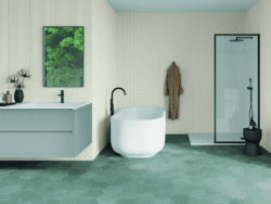 Kafelki ozdobne do łazienki - Peronda Harmony Mare silver. Łazienka z srebrnymi - jasnoszarymi płytkami dekoracyjnymi, imitującymi tkaninę,