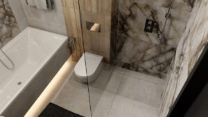Łazienka glamour z prysznicem oraz błyszczącymi płytkami marmuropodobnymi, Peronda Museum CRYSTAL THUNDER 60x120 EP