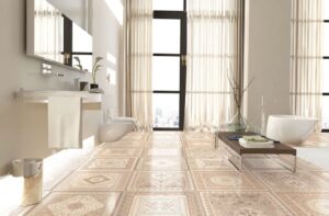 Łazienka patchwork - Absolut Keramika Creta 60x60 cm. Płytki patchwork na podłodze w łazience.