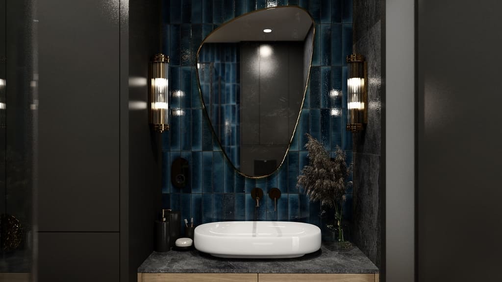 Łazienka z niebieskimi płytkami - Marazzi Lume China. Włoskie płytki łazienkowe w małym formacie 6x24cm za lustrrm w łazience.