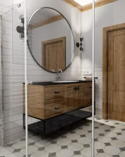 Łazienka z płytki rustykalnymi - Peronda FS field Black 45,2x45,2cm. Białe kafelki z matowym wykończeniem i czarnymi, błyszczącymi wstawkami na podłodze.