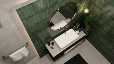 Łazienka zielone płytki - Peronda Harmony SUNSET GREEN 6x25 cm. Hiszpańskie płytki cegiełki z błyszczącą powierzchnią na ścianę.