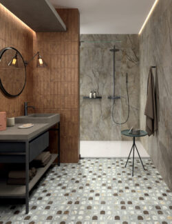 Metaliczne płytki do łazienki - Marca Corona Miniature Fuoco Corten Bruciato 6x24cm. Cegiełki imitujące kotren, corten na ścianie w łazience.