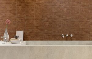 Metaliczne płytki do łazienki na ścianę - Marca Corona FUOCO Corten Bruciato 6x24 cm
