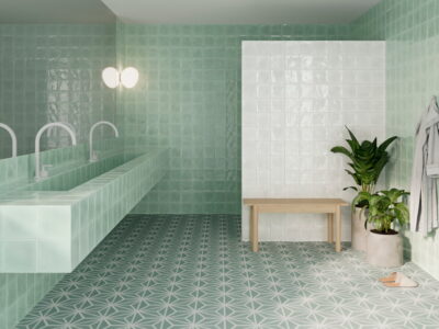 Miętowe płytki łazienkowe - Peronda Harmony Varadero Mint 19,8×22,8 cm. Łazienka z heksagonami dekoracyjnymi na podłodze i płytkami ceramicznymi w kwadratowym formacie na ścianie.