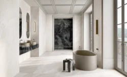 Płytka FONDOVALLE Slaten Stone White 3D 120X120 kamień 3d w łazience na podłodze
