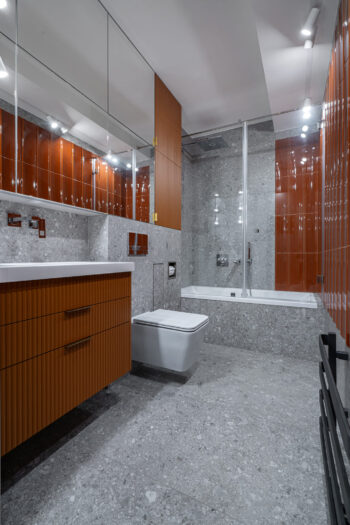 Płytki 3D łazienka - Peronda Harmony BOW BROWN 15x45cm. Trójwymiarowe płytki z błyszczącą powierzchnią w kolorze brązowym na ścianie w łazience.