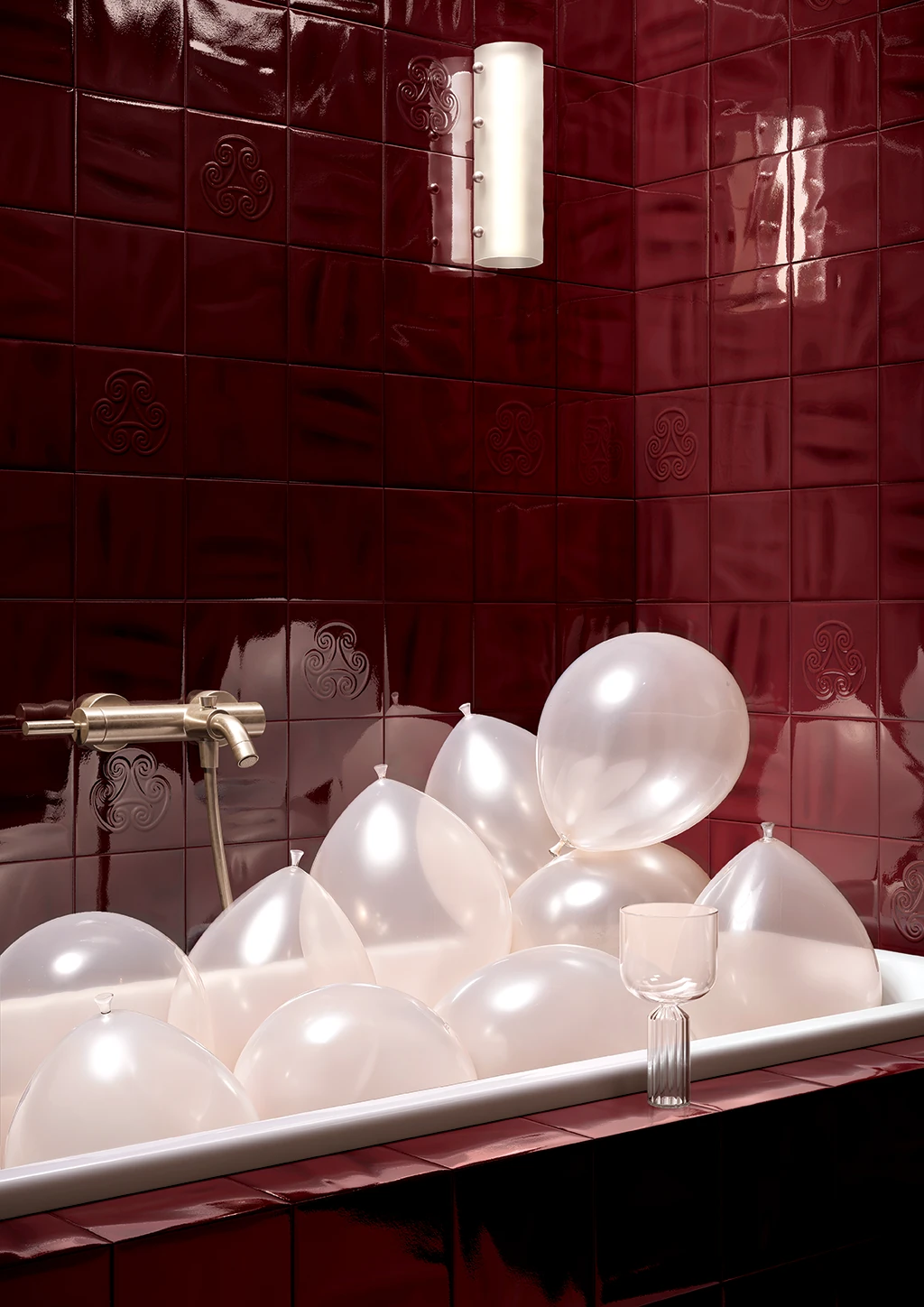 Płytki bordowe 3d do łazienki - Cerasarda Porto Rotondo Borgogna 15x15 cm. Hiszpańskie kafelki premium. Styl glamour.