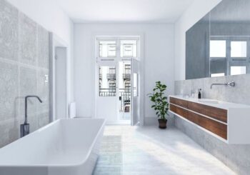 Płytki dekoracyjne do łazienki - Absolut Java Decor 80x80 cm. Piękna łazienka z szarymi dekorami na podłodze i ścianie oraz bazowymi płytkami z kolekcji Absolut Java.
