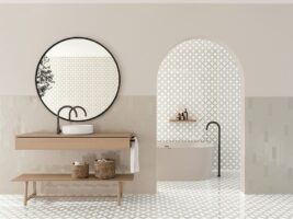 Płytki dekoracyjne do łazienki - Peronda Harmony Mayari Taupe Petals LT 22,3x22,3 cm. Kafelki z szarobrązowym, błyszczącym motywem kwiatowym w łazience na podłodze i ścianie.